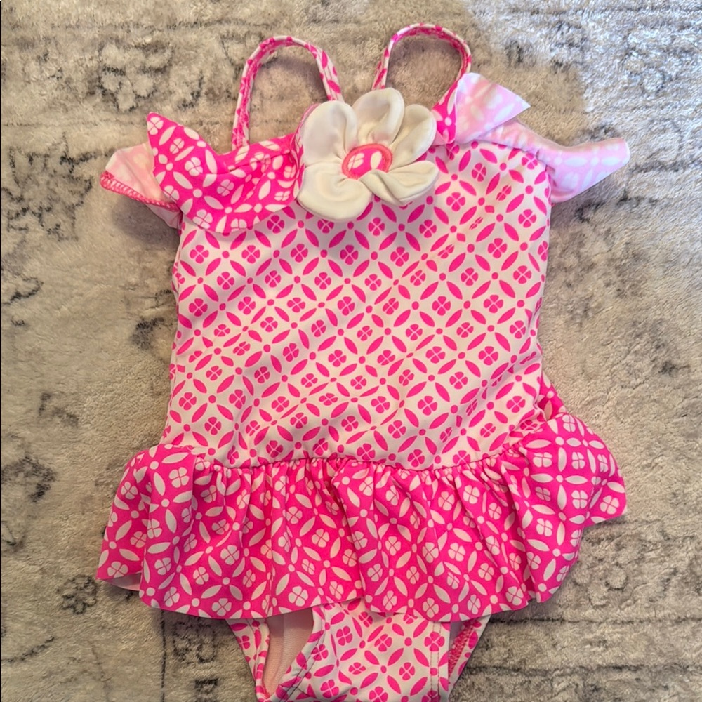 Janie and Jack Pink Floral Baby Swimsuit with Ruffles